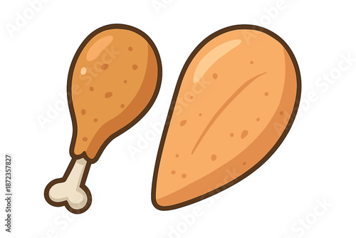 Chicken drumstick and breast piece displayed on a white background for food illustration and culinary design