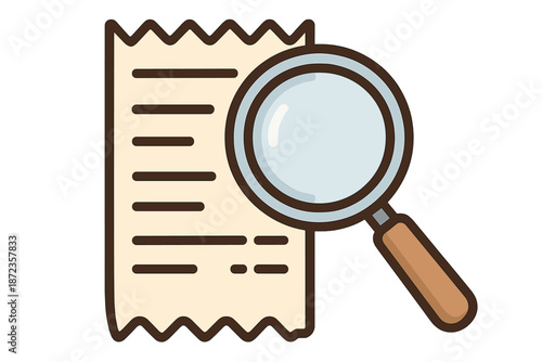 Close view of a receipt with a magnifying glass showing details of a purchase in an office setting during daytime hours