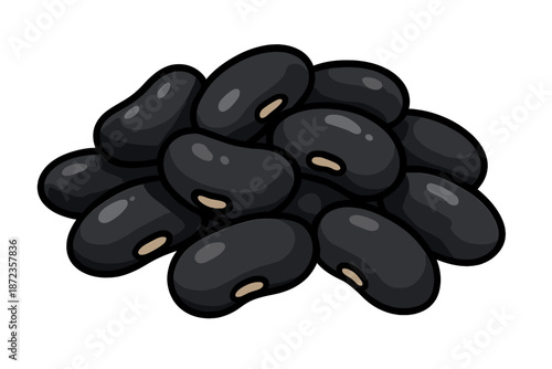 Black beans stacked in a pile on a white background with soft shadows and distinct shapes