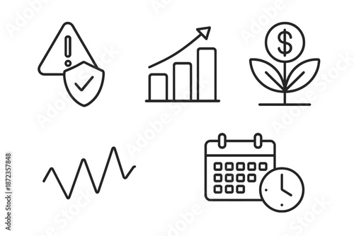 Icons showing growth, time management, expense tracking, and risk assessment in simple designs related to business activities