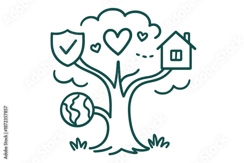 Concept of care for the environment and community illustrated through a tree design with hearts, a house, and the Earth