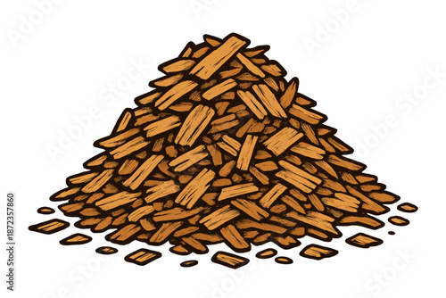 Wood chips in a pile for use in gardening and landscaping projects in various outdoor settings and environments
