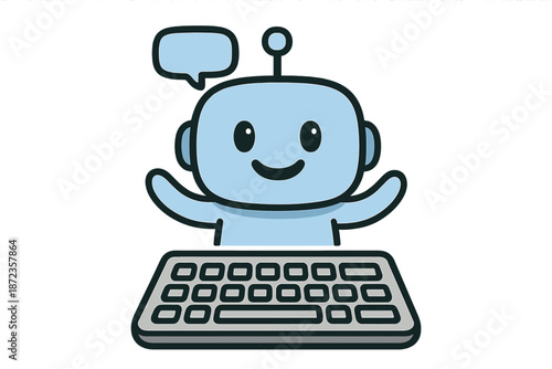 Friendly robot with keyboard and speech bubble showing engagement in conversation and interaction with technology