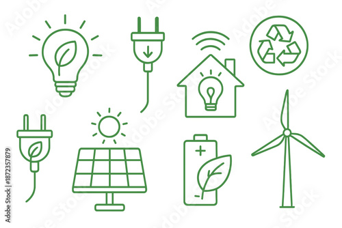 Illustrations showing renewable energy concepts including solar panels, wind turbines, and recycling symbols