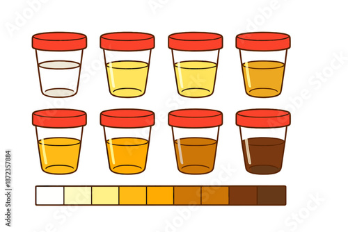 Different shades of liquids in cups with colored lids displayed in a row on a plain background, showing varying colors and tones for comparison