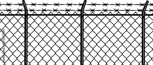 Chain link fence with barbed wire silhouette, secure perimeter barrier concept isolated on white background industrial security illustration