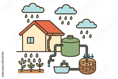 Rainwater collection system for home garden use shown with house, storage tank, and plants