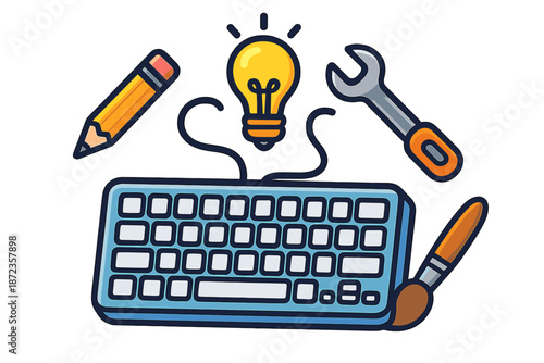 Creative tools for ideas and problem-solving in a digital workspace with a keyboard, pencil, light bulb, wrench, and paintbrush