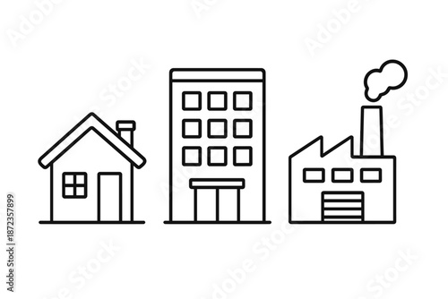 Different types of buildings including a house, a tall building, and a factory with smoke rising visible