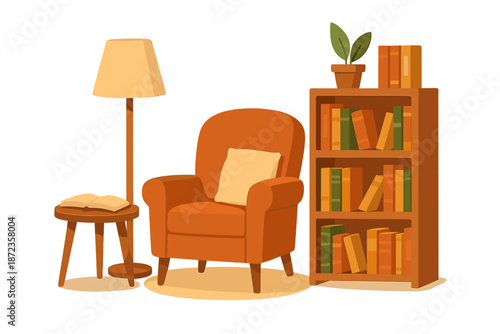 Cozy reading nook with armchair, lamp, stack of books, and bookshelf in simple design