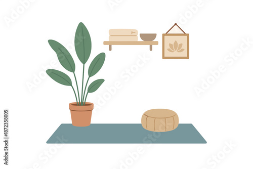 Interior space with plant, wall art, shelf, and seating mat for relaxation and rest