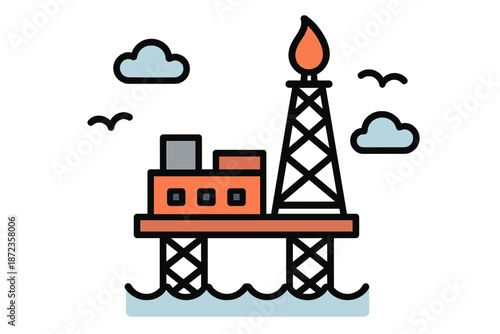 Oil rig stands in water with flames showing while clouds and birds are present in the sky above the facility