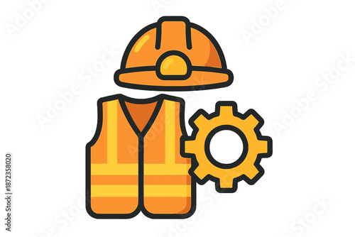 Construction worker wearing safety gear with a gear symbol