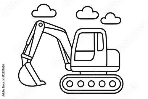 Outline of a construction vehicle with a digger arm under clouds during daytime