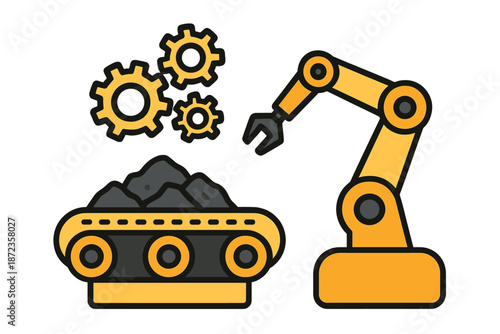 Robotic arm and conveyor belt work together to move materials in an industrial setting during daytime hours