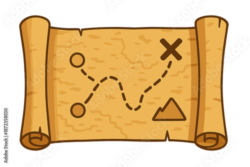 Treasure map shows path with dots and an 'X' marking the location on a scroll in simple design
