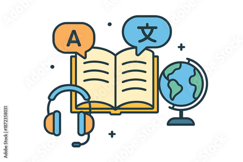 Learning languages with books, headphones, and a globe for exploring cultures and communication