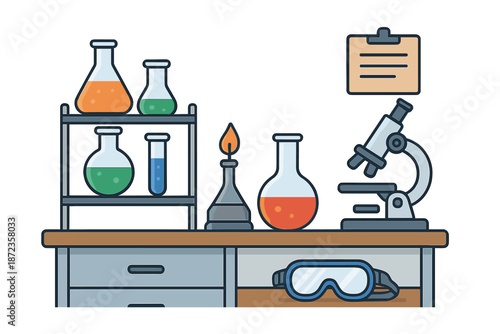 Laboratory setup with glassware, microscope, and notes during a science experiment in a bright workspace