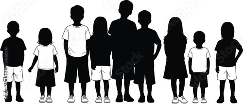 Children silhouettes group standing together, kids diversity age comparison concept, childhood development education illustration design