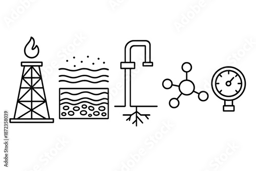 Oil and gas extraction processes in a simple visual format showing different components related to energy production