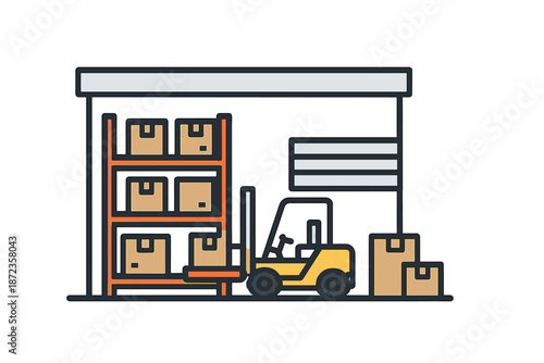 Forklift moves boxes in storage area with shelves and packing materials in an organized warehouse setting