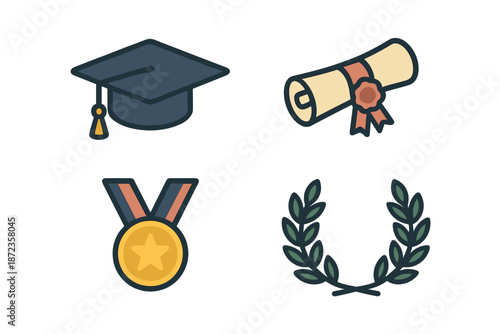 Graduation symbols featuring a cap, diploma, medal, and laurel for celebration of achievement