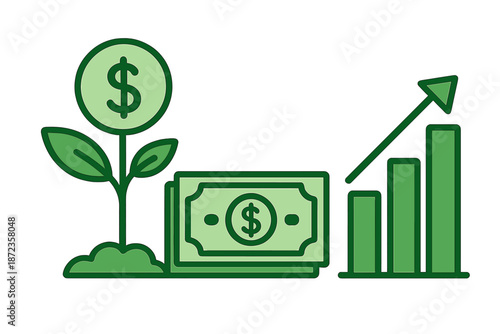 Growth of money represented by a plant and cash with a chart in green color showing an increase in value over time