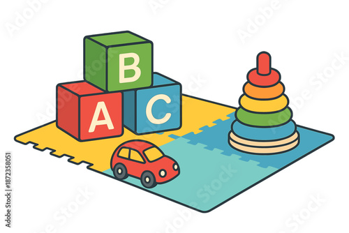 Colorful toy car and stacking rings on a play mat with blocks in a room where children play and learn