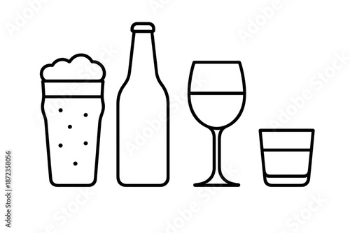 Different types of drinks arranged on a table in a simple design featuring beer, wine, and spirits