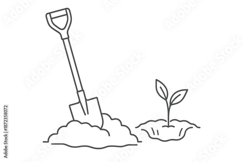 Shovel in soil next to a small plant during gardening activity in a backyard setting