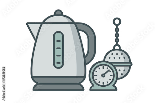 Electric kettle with timer and tea infuser on a plain background during a kitchen setup for brewing tea