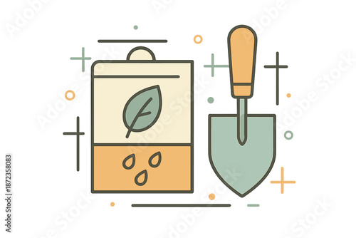 Garden tools and seed packet on white background with simple design elements for planting and gardening activities