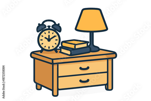 Nightstand with clock, lamp, and books arranged neatly in a simple setting in the bedroom