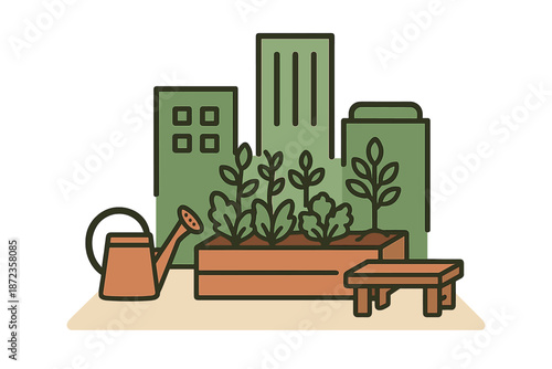 Urban garden with watering can and bench in city setting during daytime