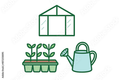 Gardening setup with greenhouse, plants, and watering can displayed in a simple layout during daytime
