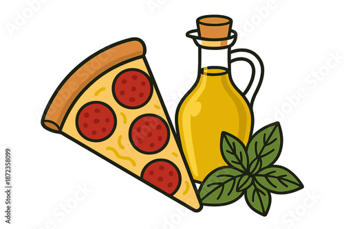 Slice of pepperoni pizza with olive oil and fresh basil on a simple background