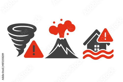 Natural disaster warning symbols for tornado, volcano, and flood