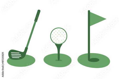 Golf equipment with clubs, tees, and flags arranged in a row on a green background for sports design and illustration purposes