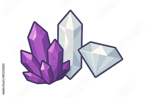Colorful crystals with different shapes and sizes on a white background