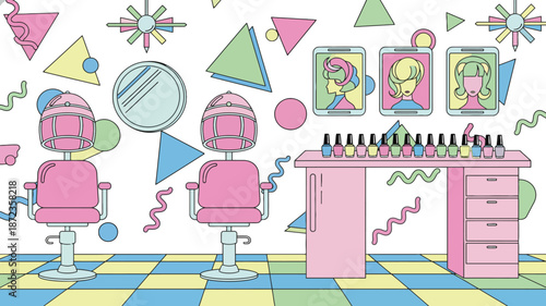 Retro Art Classroom Illustration, Playful retro art classroom scene with creative tools and bold shapes, ideal for education and creativity themes.