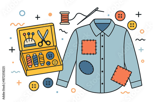 Sewing patches on a shirt with scissors, buttons, and spools of thread on a simple background
