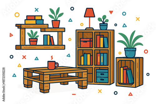 Colorful furnishing arrangement with shelves, books, plants, and a coffee mug in a cozy space with simple design elements