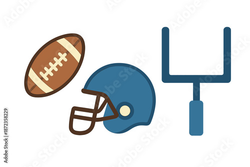 Football equipment displayed with a ball, a helmet, and goal posts in a simple arrangement