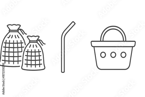 Sorting waste into bags and using a straw with a basket for recycling materials in an eco-friendly activity
