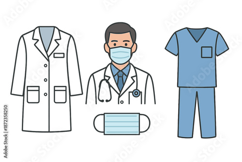 Medical professional wearing mask with surgical and doctor uniforms displayed in a healthcare setting
