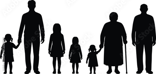 Family generation silhouettes showing growth and aging, parents children and grandparents life cycle concept isolated on white background
