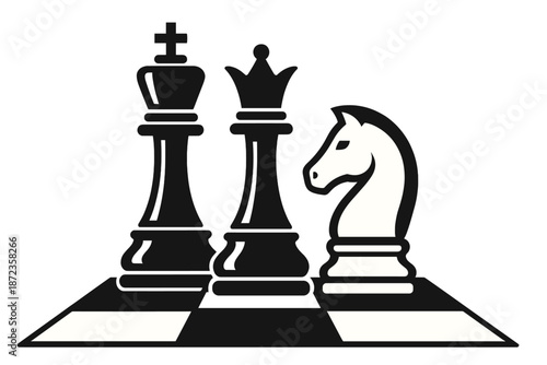 Chess pieces on a board with a king, queen, and knight in black and white colors during a game in a quiet setting