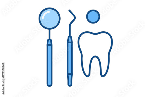 Dentist tools and a dental icon placed on a white background during a dental examination at a clinic in a city setting