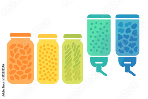 Colorful jars and dispensers with various foods displayed on a simple background in a kitchen setting