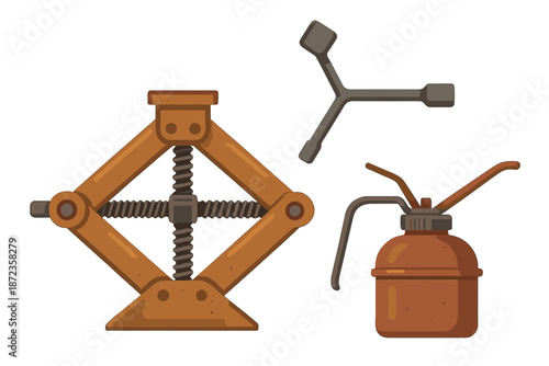 Tools for changing a tire include a jack, a wrench, and a lubricant container in a simple layout